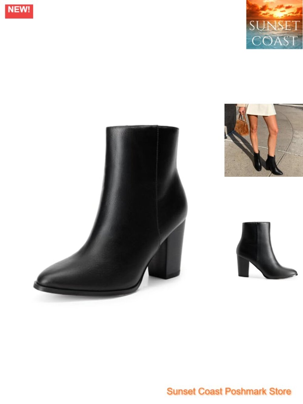 Women's Ankle Boots Faux Leather Pointed Toe Chunky Block Heel Booties